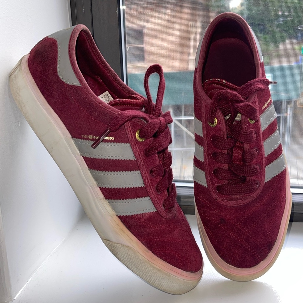 The Hundreds x Adidas Striker Skateboarding Sneakers in Burgundy and Gray